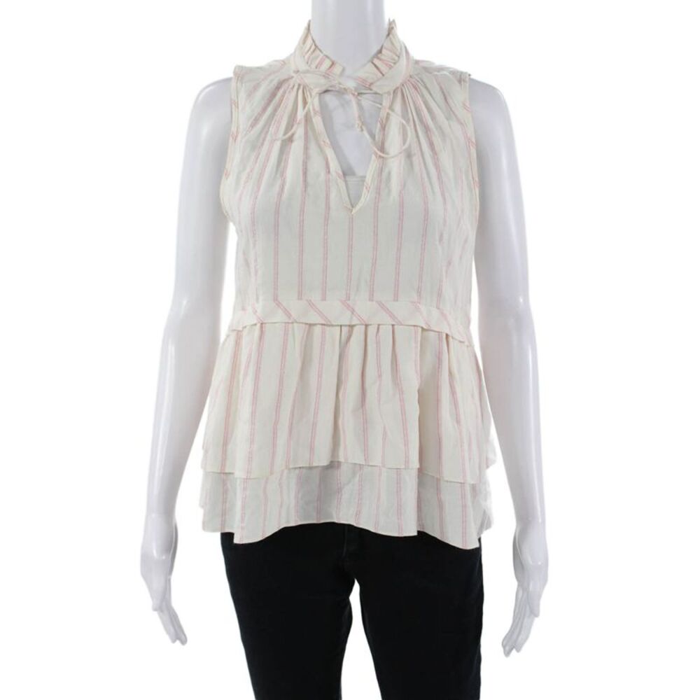 Lem Lem Women Bohemian White Striped High Neck Sleeveless Blouse Size S